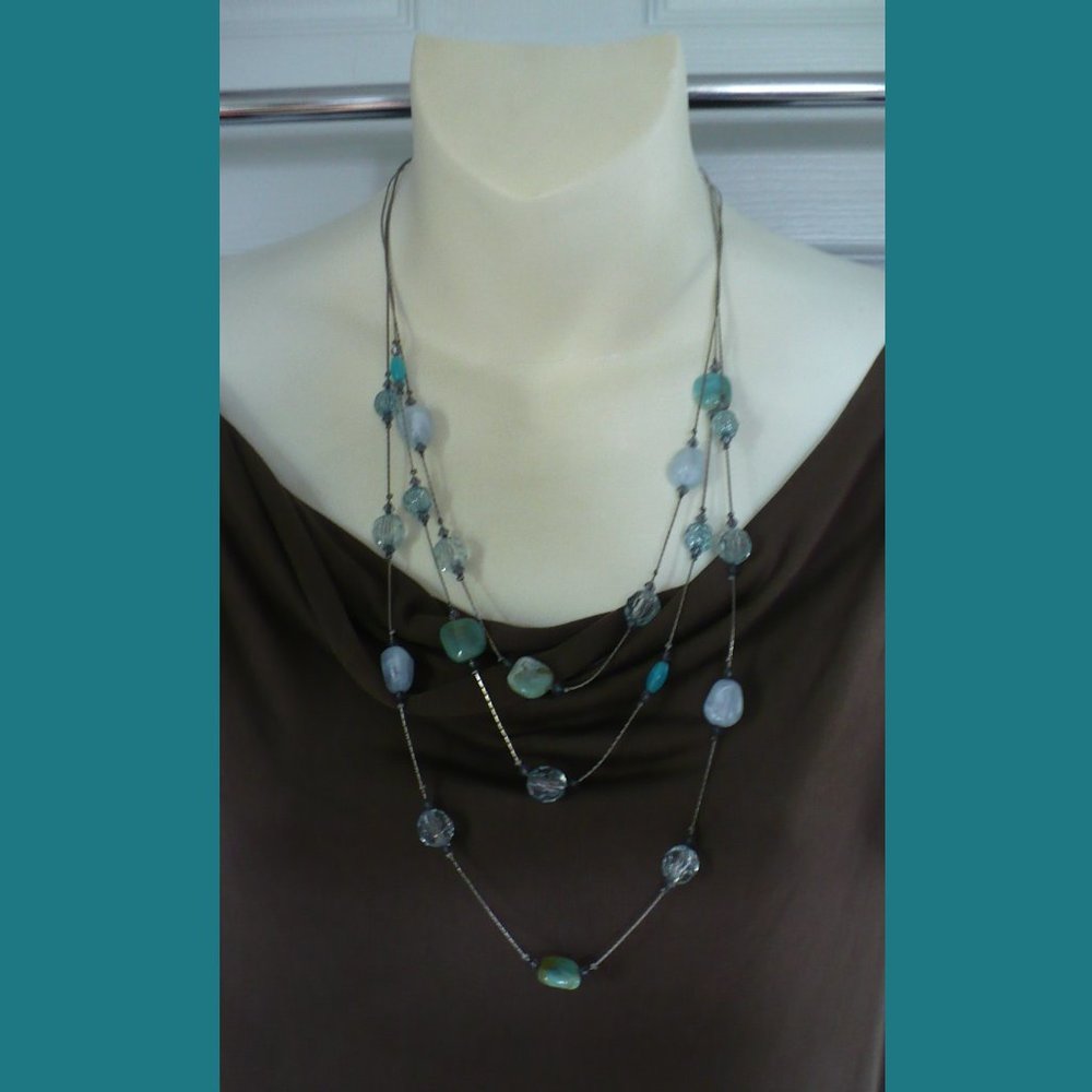 Layered 3 Strand Beaded Necklace Aqua Blue Natural Stone & Beads